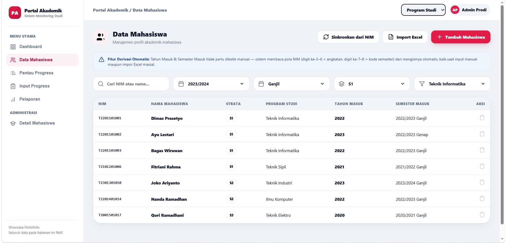 Data mahasiswa di aplikasi Grad-Accell